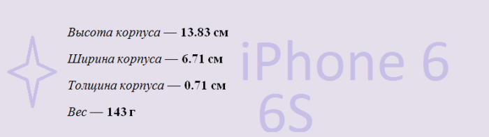 Длина, ширина, высота корпуса Айфона 6, 6S в сантиметрах