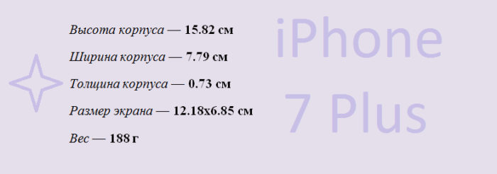 Длина, ширина, высота корпуса Айфона 7 Plus в сантиметрах