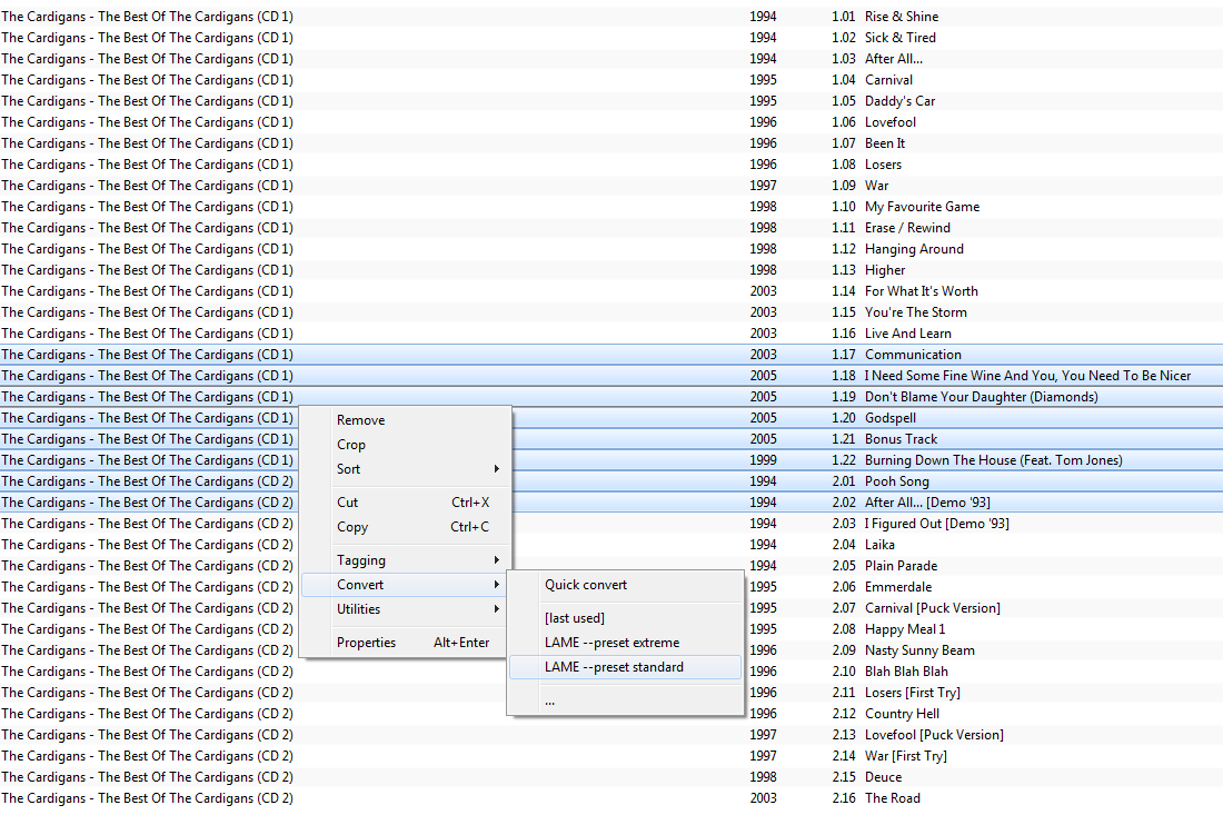 Конвертация файлов в MP3 с использованием пресетов в foobar2000