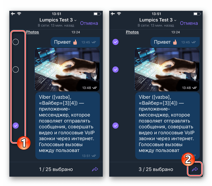 Viber для iPhone пересылка нескольких сообщений в мессенджере за один раз