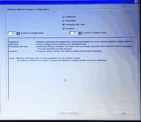 Параметры заряда батареи в БИОС ноутбука