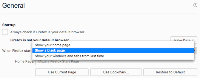 Установите Firefox, чтобы показать пустую страницу, чтобы она запускалась быстрее