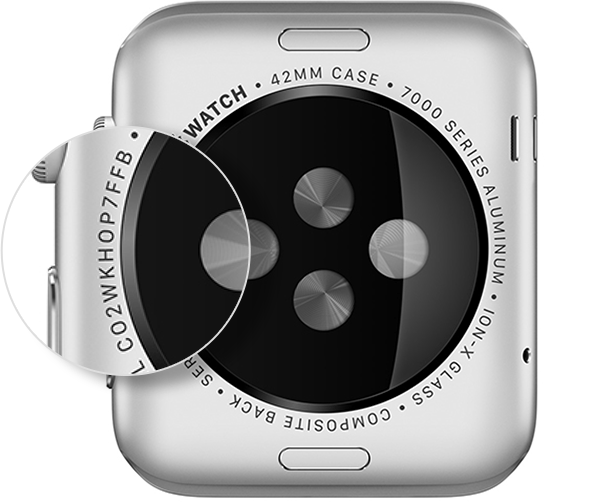 Серийный номер на задней панели Apple Watch.