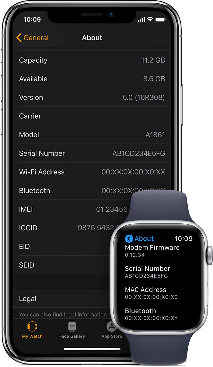 Экран «Об устройстве» на iPhone и Apple Watch.