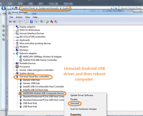 reinstall Android USB driver