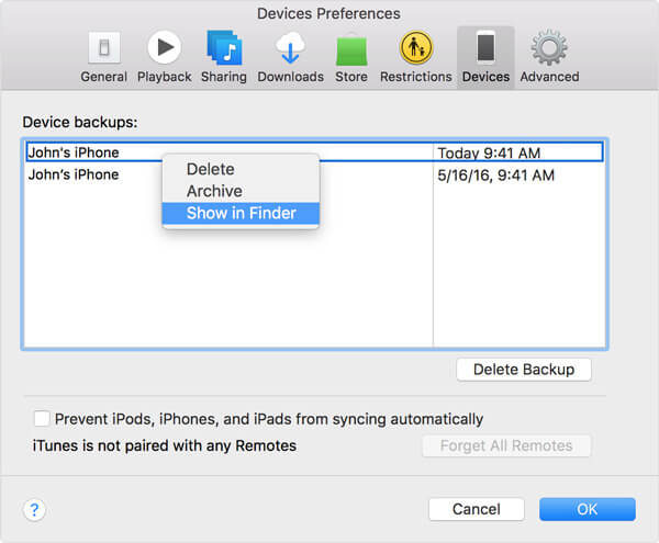 Расположение резервных копий iPhone в iTunes